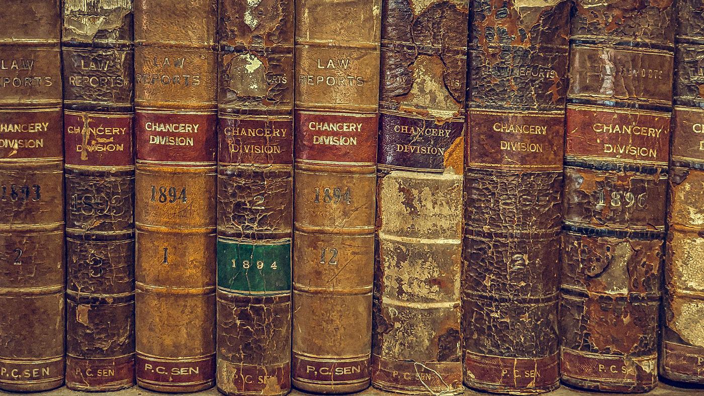 Row of Victorian leather-bound Law Reports, Chancery Division, dated 1893 to 1896